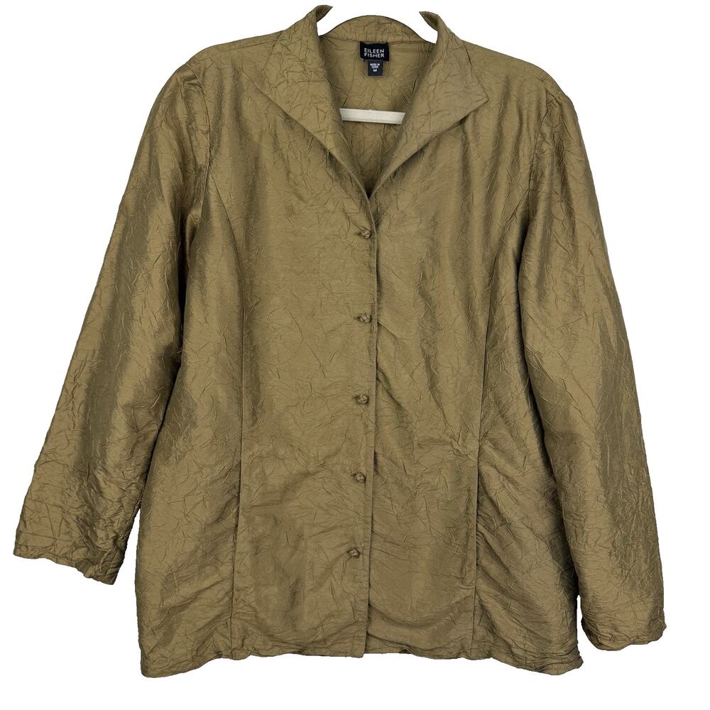 Eileen Fisher 100% Silk Blazer Jacket Size M Olive Sheen Crinkle Textured Career
